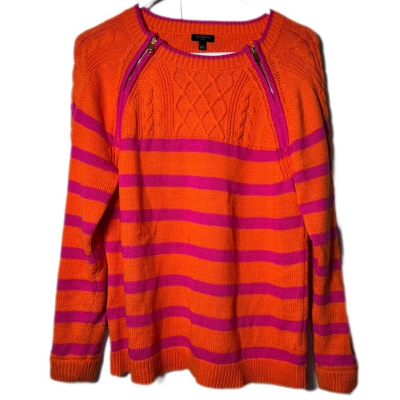 Talbots Orange and Pink Crew Neck Sweater with Stripes and Zipper Detail - Picture 3 of 6